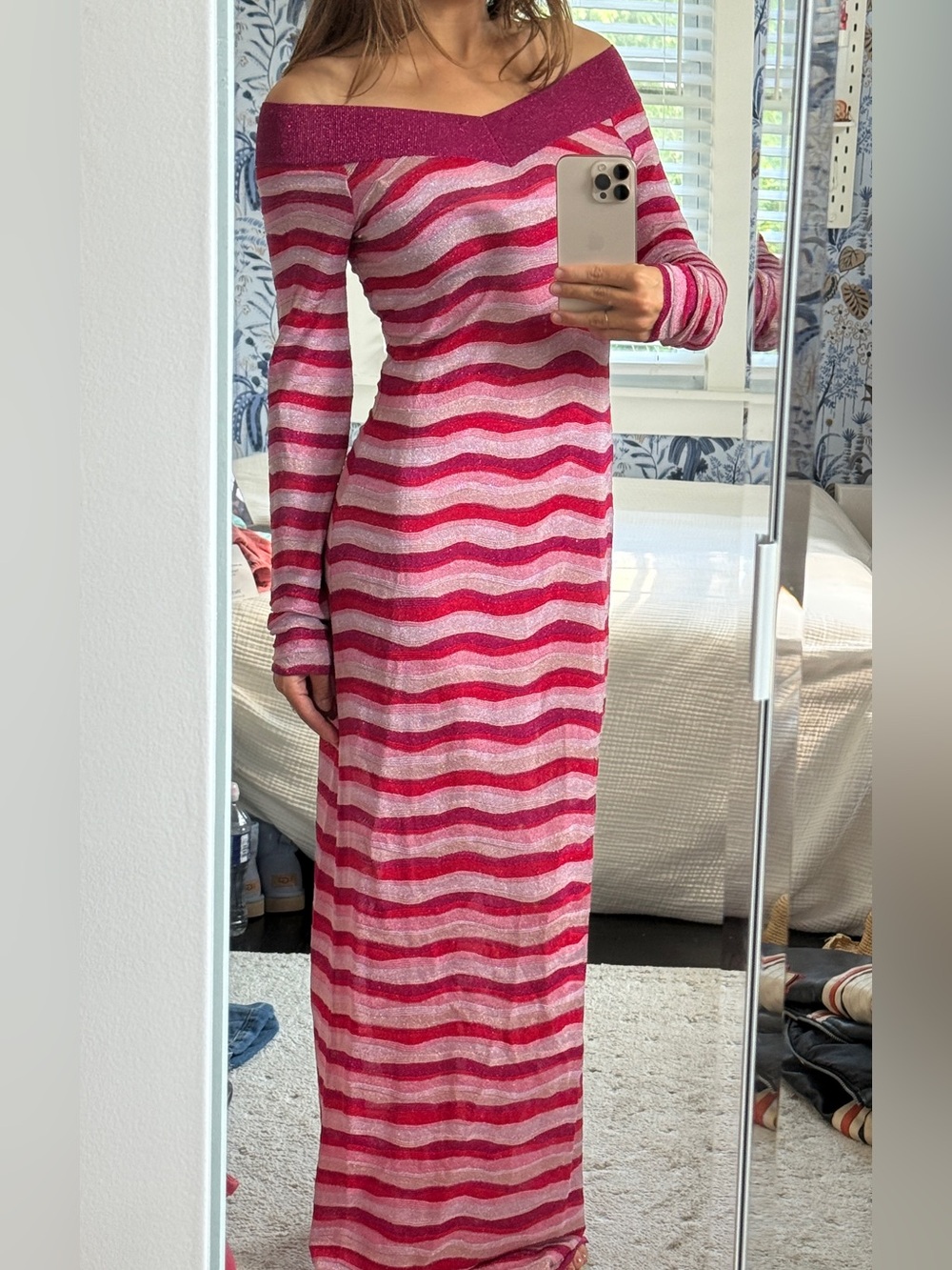 Emilio Pucci Metallic Knit Off Shoulder Maxi Dress Pink Wave Stripe Italy L